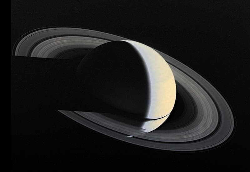 NASA image: Full-disk Color Image of Crescent Saturn with Rings and Ring Shadows
