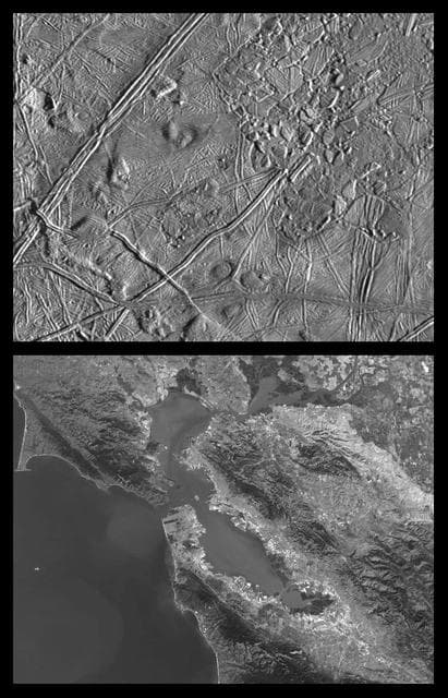 NASA image: Close-up of Europa Trailing Hemisphere and similar scales on Earth