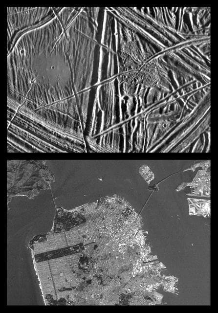 NASA image: Close-up of Europa Surface and similar scales on Earth