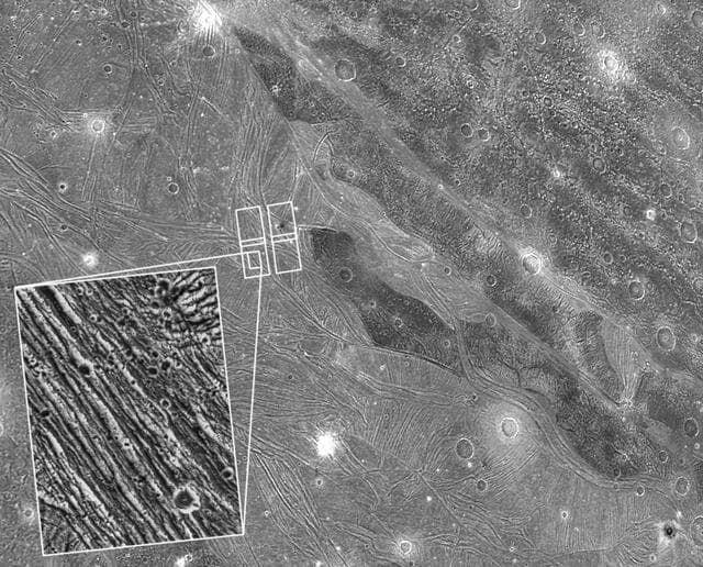 NASA image: Detail of Ganymede Uruk Sulcus Region as Viewed by Galileo and Voyager