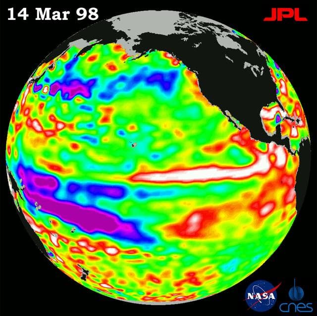 NASA image: TOPEX/El Niño Watch - El Niño Warm Water Pool Returns to Near Normal State, Mar, 14, 1998