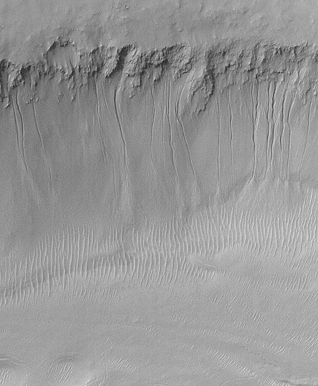 NASA image: Evidence for Recent Liquid Water on Mars: South-facing Walls of Nirgal Vallis