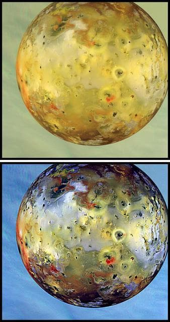 NASA image: Global View of Io Natural and False/Enhanced Color