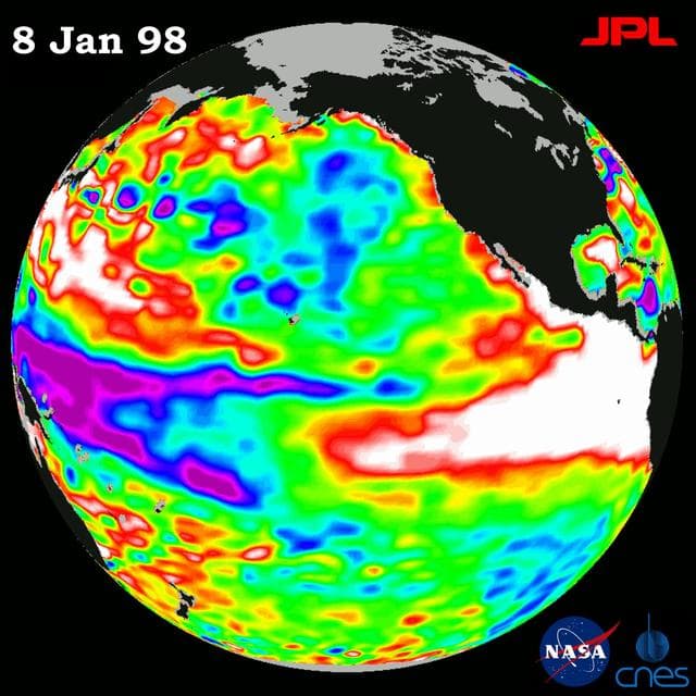 NASA image: TOPEX/El Niño Watch - El Niño Warm Water Pool Decreasing, Jan, 08, 1998