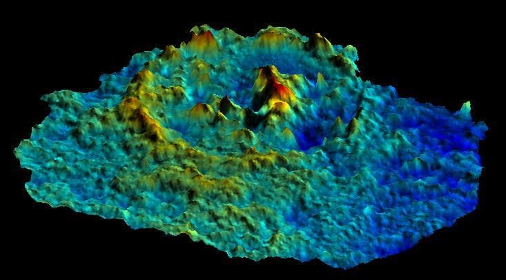 NASA image: Pwyll Impact Crater: Perspective View of Topographic Model