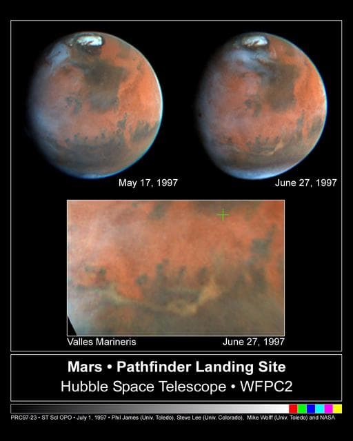 NASA image: Hubble Look at Mars Shows Canyon Dust Storm, Cloudy Conditions for Pathfinder Landing