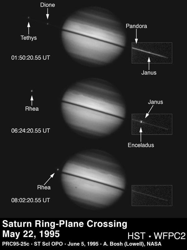 NASA image: Hubble Views Saturn Ring-Plane Crossing Satellites Labeled