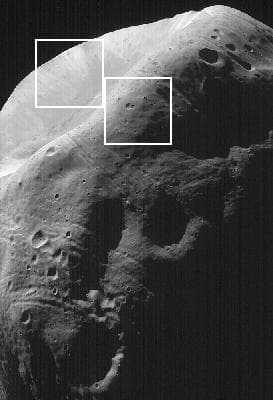 NASA image: High-Resolution MOC Image of Phobos with Graphics Overlay