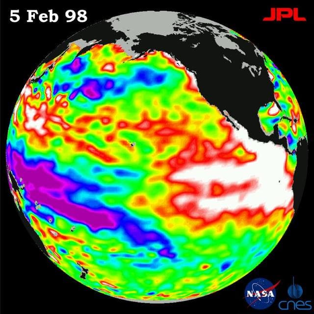 NASA image: TOPEX/El Niño Watch - Warm Water Pool is Thinning, Feb, 5, 1998