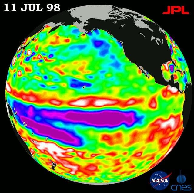 NASA image: TOPEX/El Niño Watch - Satellite shows Pacific Stabilizing, July 11, 1998