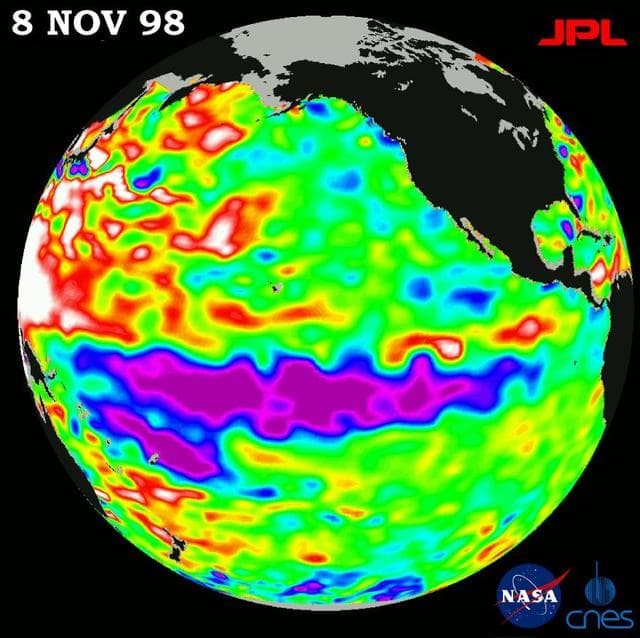 NASA image: TOPEX/El Niño Watch - La Niña looks frozen in Pacific, November 8, 1998