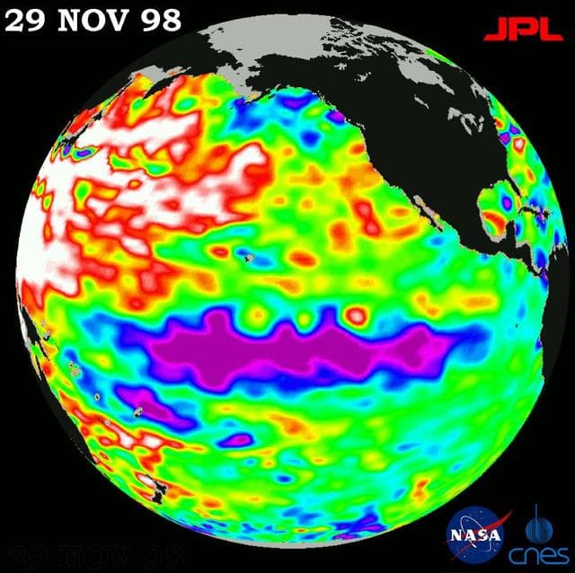 NASA image: TOPEX/El Niño Watch - Topex/Poseidon Shows Unusual Pacific, November 29, 1998