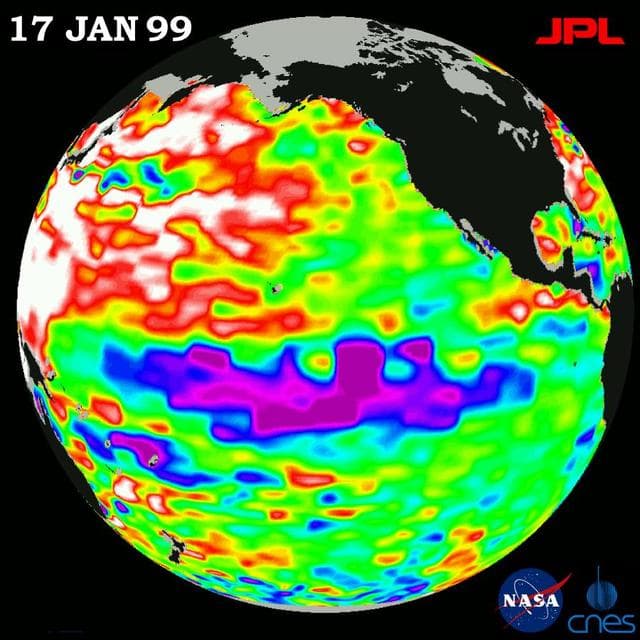 NASA image: TOPEX/El Niño Watch - La Niña Weakening, January 17, 1999
