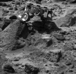 NASA image: Sojourner Doing a Wheelie on Wedge - Left Eye