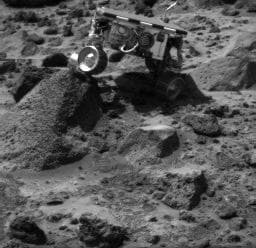 NASA image: Sojourner Doing a Wheelie on Wedge - Right Eye