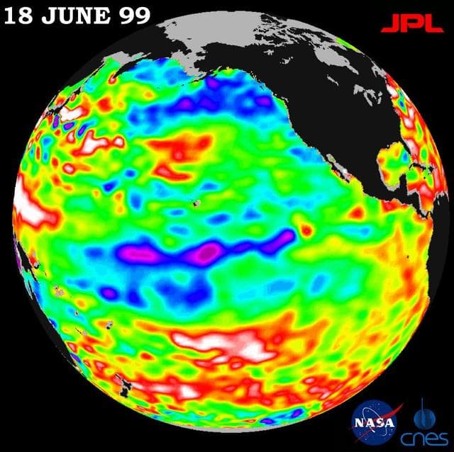 NASA image: TOPEX/El Niño Watch - La Niña Barely Has a Pulse, June 18, 1999