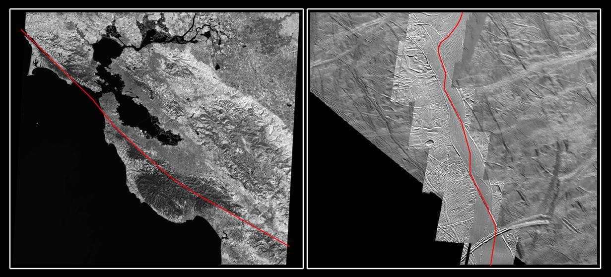 NASA image: The San Andreas Fault and a Strike-slip Fault on Europa