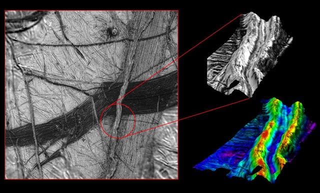 NASA image: Three Dimensional View of Double Ridges on Europa