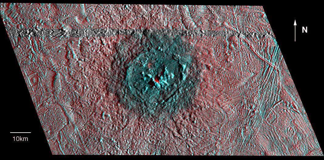 NASA image: Red-Blue Three Dimensional View of Pwyll crater