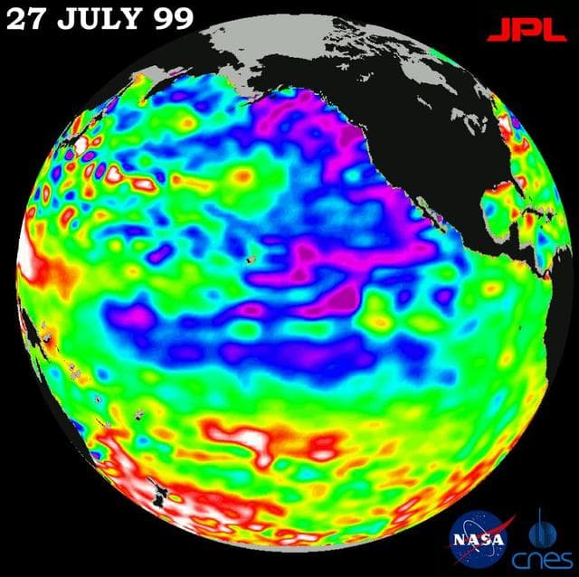 NASA image: TOPEX/El Niño Watch - Pacific Ocean Conditions are Split: Cold in East, Hot in West, July 27, 1999