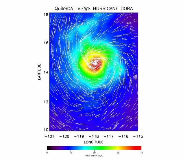 NASA image: SeaWinds Radar Clocks Hurricane Dora Wind Speeds
