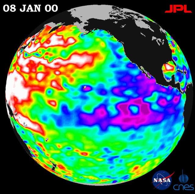 NASA image: TOPEX/El Niño Watch - La Niña Persistence May be Part of Larger Climate Pattern, January 8, 2000