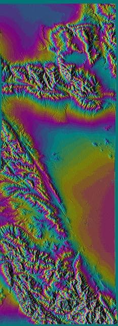 NASA image: San Andreas Fault, Southern California, Shaded Relief, Wrapped Color as Height