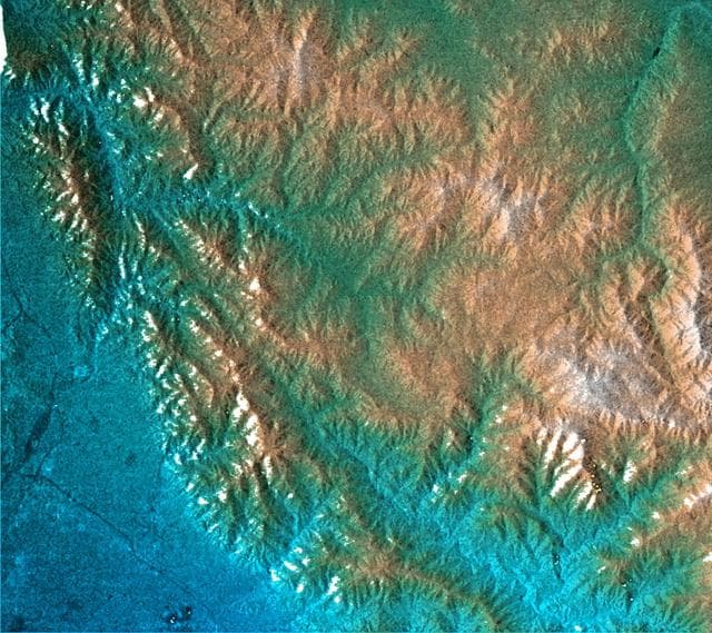 NASA image: San Gabriel Mountains, California, Radar Image, Color as Height