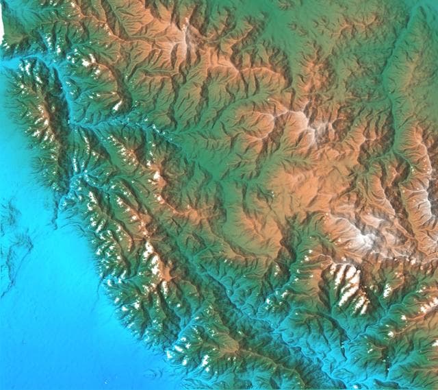 NASA image: San Gabriel Mountains, California, Shaded relief, Color as Height
