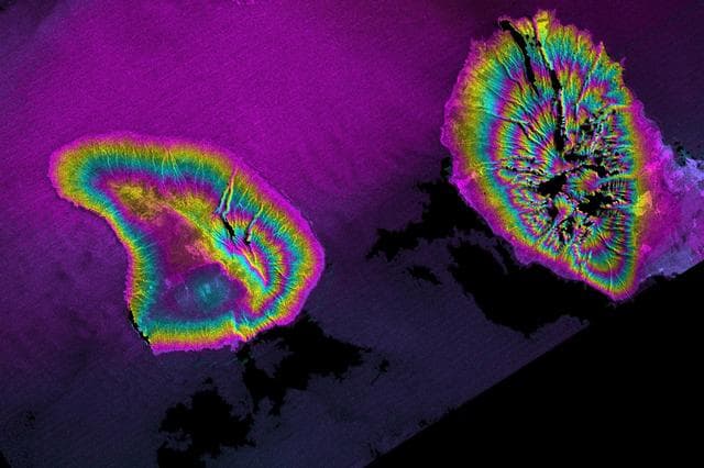 NASA image: Radar Image, Wrapped Color as Height, Lanai and West Maui, Hawaii