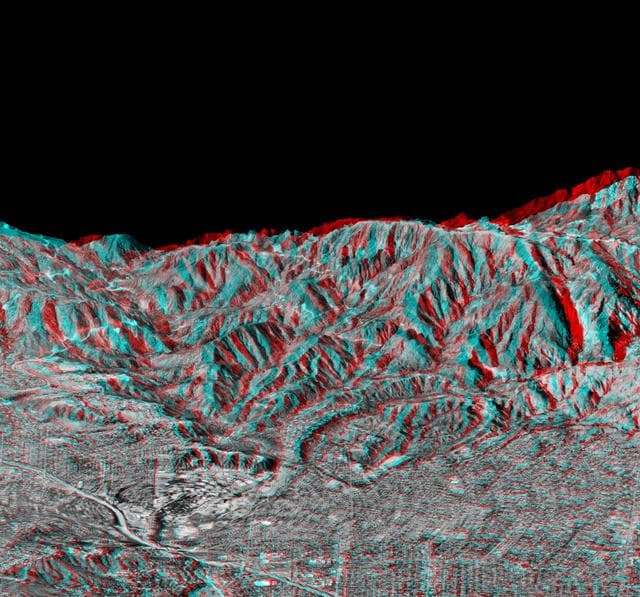 NASA image: Anaglyph of Perspective View with Aerial Photo Overlay Pasadena, California