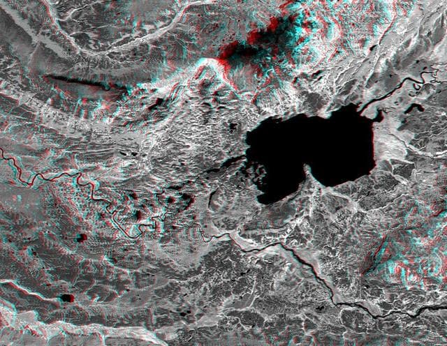 NASA image: Anaglyph, Lake Palanskoye Landslide, Kamchatka Peninsula, Russia