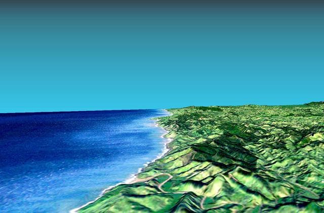 NASA image: Perspective View with Landsat Overlaid Owahanga, New Zealand