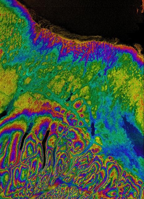 NASA image: Radar with Color-wrapped Height Fringes, Syracuse and vicinity, New York State