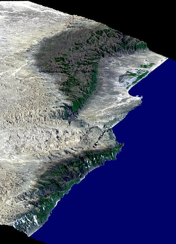 NASA image: Perspective View, Landsat Overlay, Salalah, Oman, Southern Arabian Peninsula
