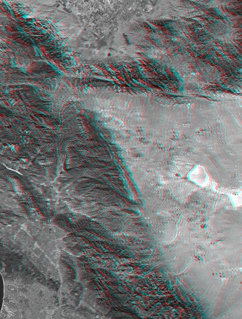 NASA image: SRTM Anaglyph with Landsat Overlay: Los Angeles to San Joaquin Valley, California