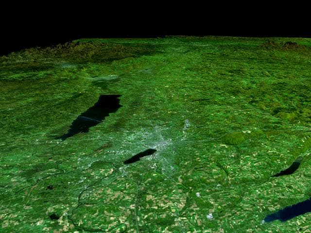 NASA image: SRTM Perspective View with Landsat Overlay: Syracuse, Oneida Lake, Upstate New York