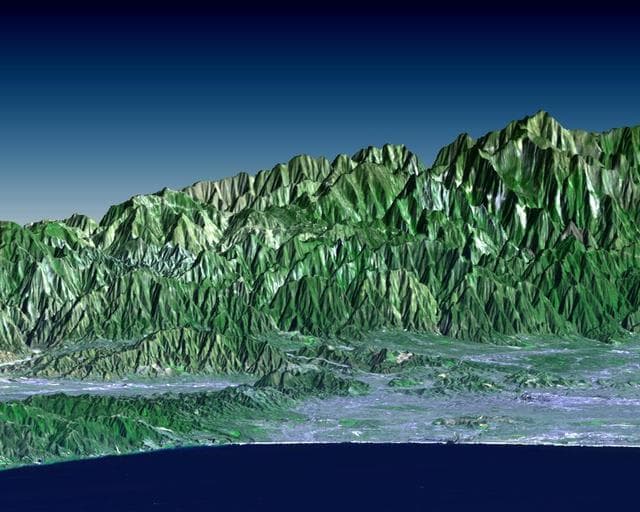 NASA image: SRTM Perspective View with Landsat Overlay: Santa Monica Bay to Mount Baden-Powell, California