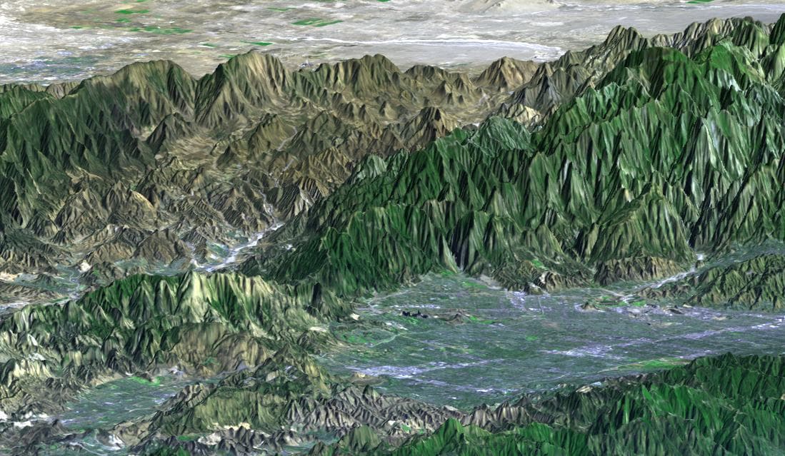 NASA image: SRTM Perspective View with Landsat Overlay: San Fernando Valley, California