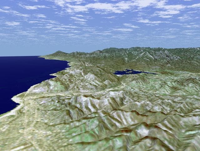 NASA image: SRTM Perspective View with Landsat Overlay: Ventura, and Lake Casitas, California