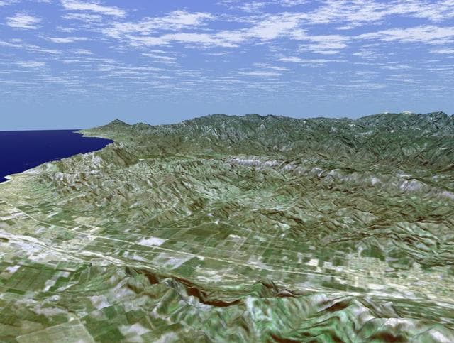 NASA image: SRTM Perspective View with Landsat Overlay: Santa Paula, and Santa Clara River Valley, California