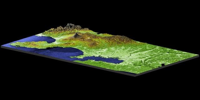 NASA image: Perspective View with Radar Image Overlaid, Color as Height: Mt. Fuji and Tokyo, Japan