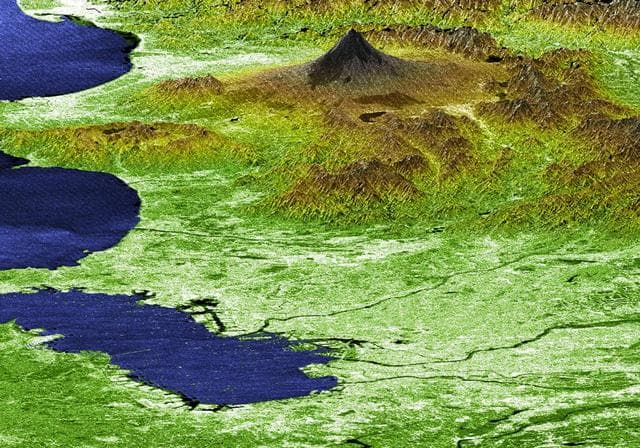 NASA image: Perspective View with Radar Image Overlaid, Color as Height: Mt. Fuji and Tokyo, Japan
