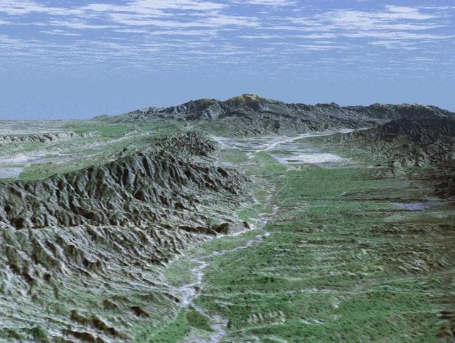NASA image: SRTM Perspective View with Landsat Overlay: Caliente Range and Cuyama Valley, California