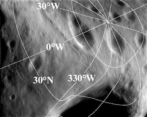 NASA image: Eros Latitude and Longitude Grid