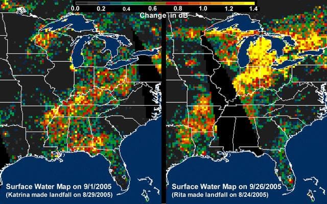 NASA image: Distribution Patterns of Land  Surface Water from Hurricanes Katrina and Rita