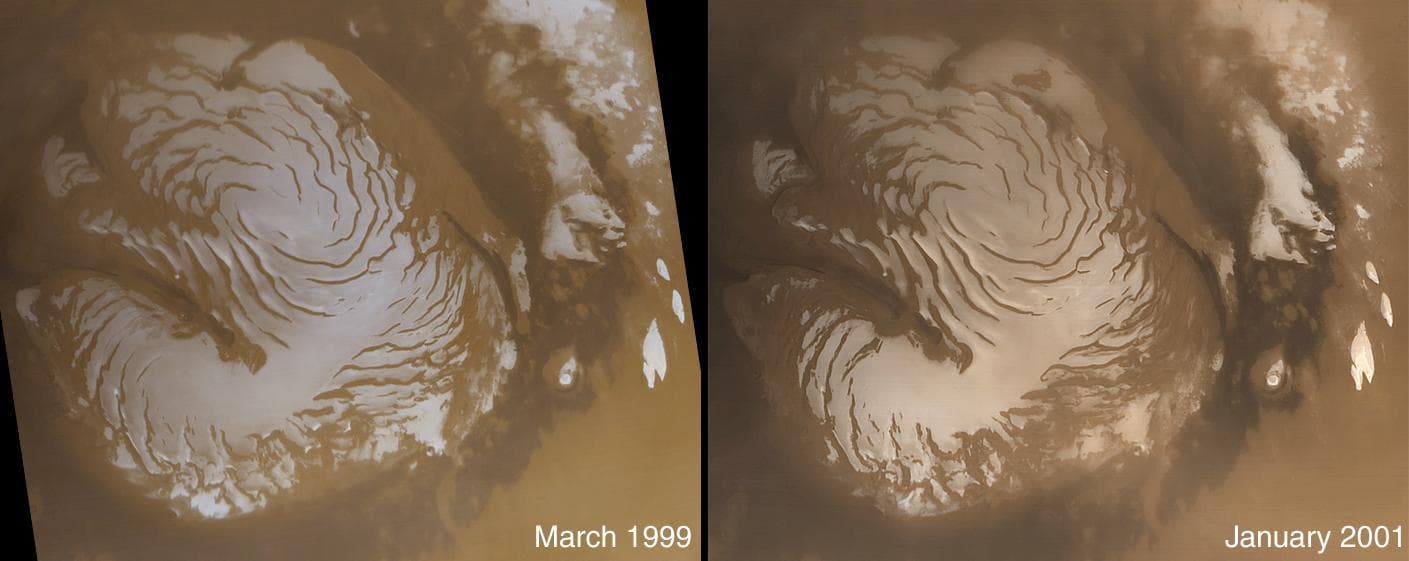 NASA image: The Martian North Polar Cap in Summer - One Year Later