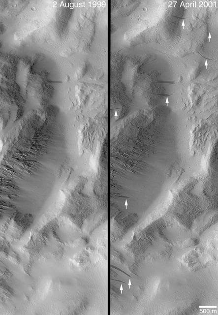 NASA image: Changes Over a Martian Year -- New Dark Slope Streaks in Lycus Sucli