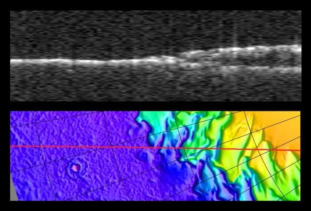NASA image: Radargram of Mars North Polar Layered Deposits with Topographic Map