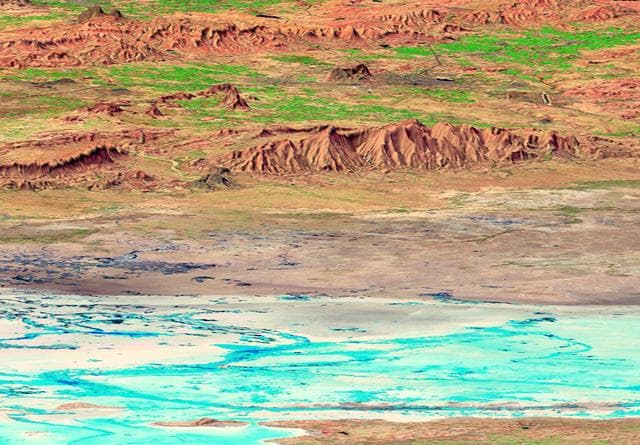 NASA image: SRTM Perspective View with Landsat Overlay: Rann of Kachchh, India